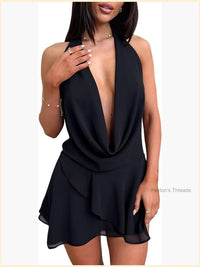 Sexy Halter Plunge V Cowl Neck Open Back Irregular Ruffle Hem Mini