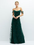 Off-the-Shoulder A-line 3D Floral Embroidered Dress