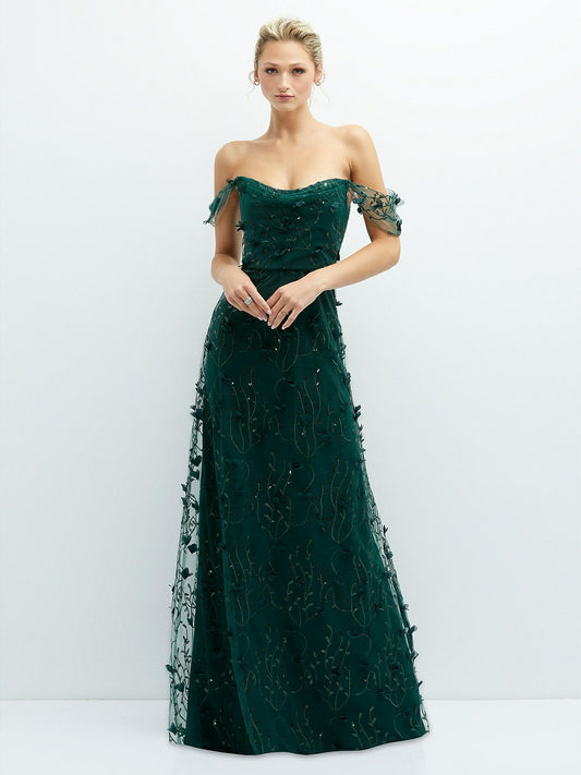 Off-the-Shoulder A-line 3D Floral Embroidered Dress