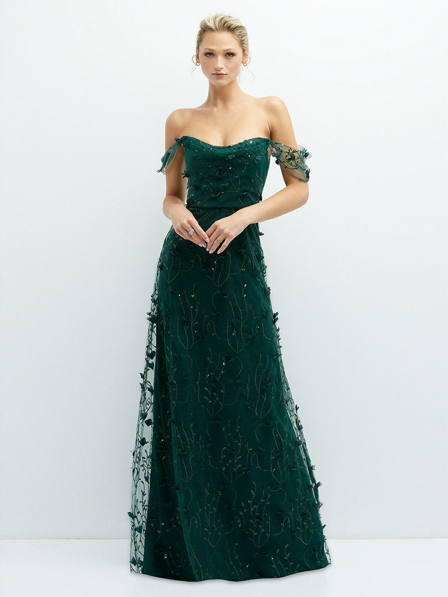 Off-the-Shoulder A-line 3D Floral Embroidered Dress