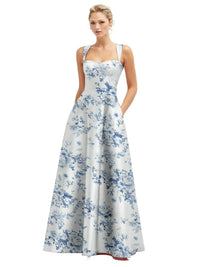 Floral Lace-Up Back Bustier Satin Dress with Full Skirt and Pockets