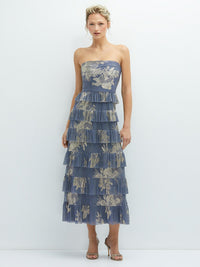 Ruffle Tiered Skirt Metallic Pleated Strapless Midi Dress with Floral Gold Foil Print