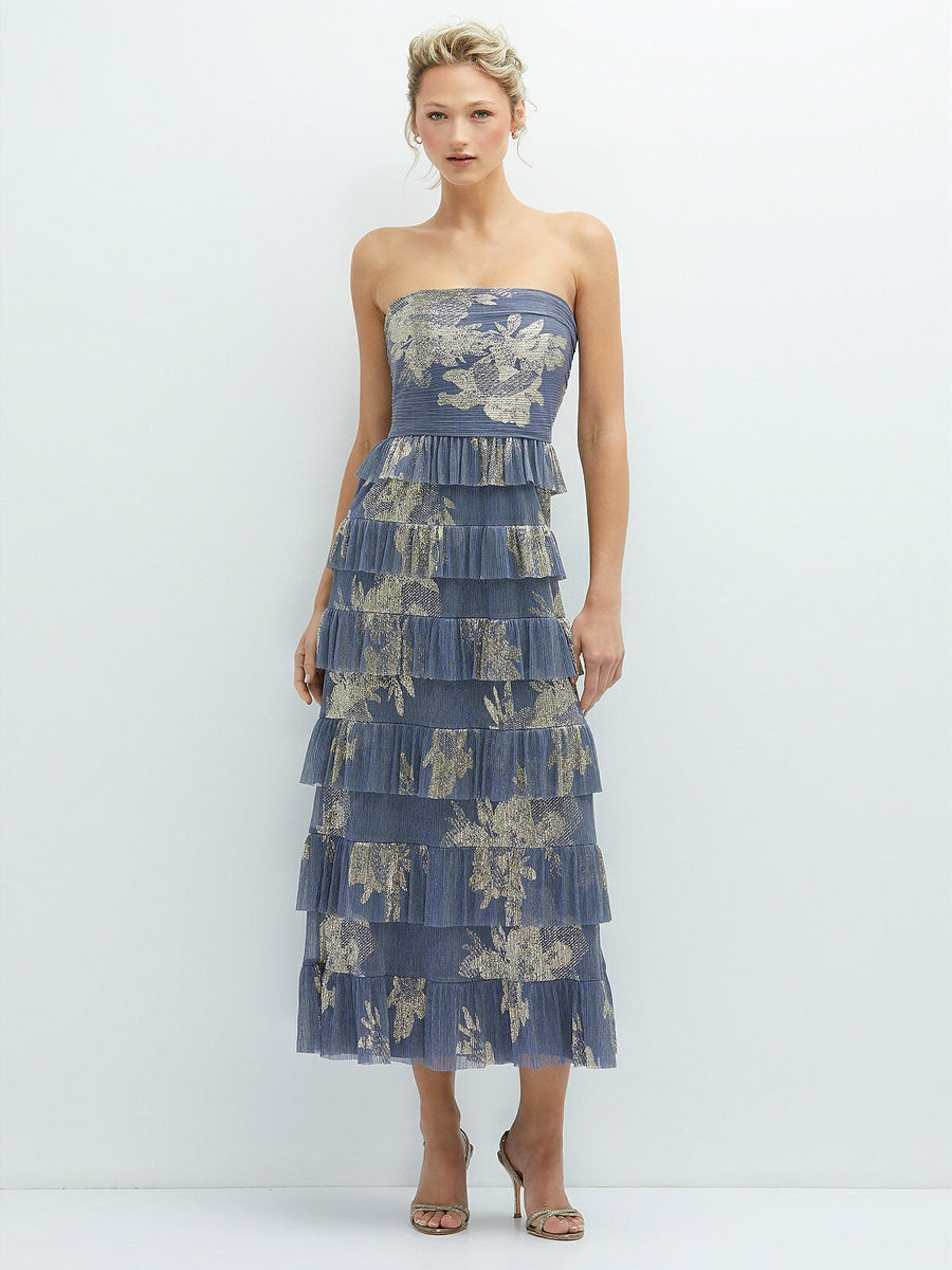 Ruffle Tiered Skirt Metallic Pleated Strapless Midi Dress with Floral Gold Foil Print