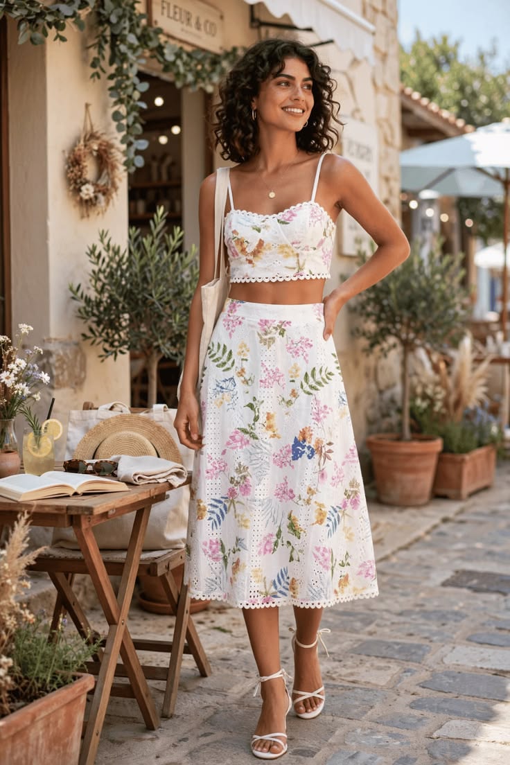 White Floral Embroidered Two Piece Midi Dress For Summer