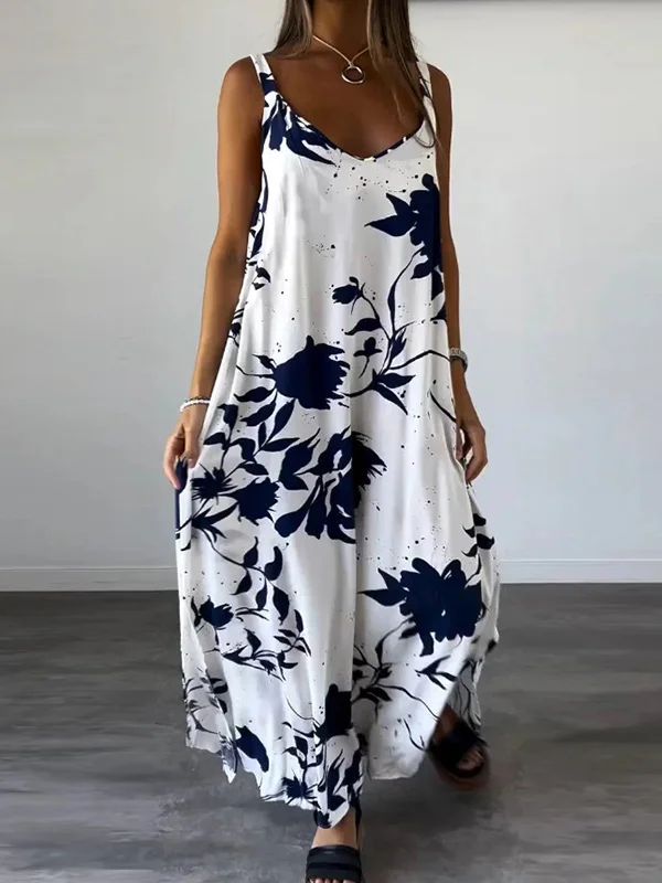 Loose Plus Size Floral Printed Split Joint Spaghetti Neck Maxi Dress
