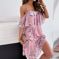 Chiffon Printed Printing Off The Shoulder Strap Sexy Dress White