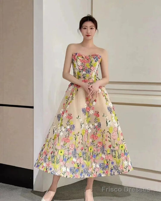 Floral Tea Length Prom Dress, Elegant A Line Party Dress, Newest Girl