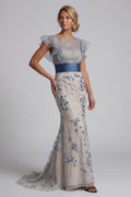 Floral Mermaid Long Dusty Blue Mother Of The Bride Dress With Ruffles
