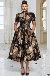 Xpluswear Design Plus Size Formal Black All Over Print Stand Up Collar