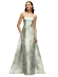 Strapless Floral Satin Column Dress with Removeable Watteau Train