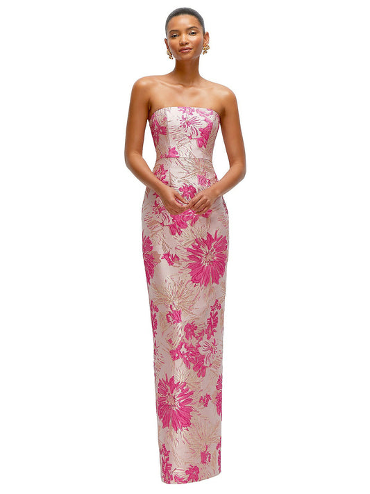 Hibiscus Pink Strapless Floral Jacquard Column Dress with Back Slit