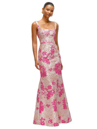Hibiscus Pink Floral Jacquard Square Neck Maxi Dress with Trumpet Skirt