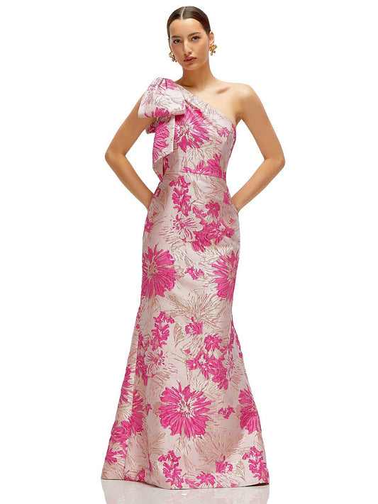 Hibiscus Pink Bow One-Shoulder Floral Jacquard Maxi Dress with Trumpet Skirt