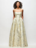 Scoop Neck Drop Basque Skirt Floral Satin Maxi Dress with Pockets