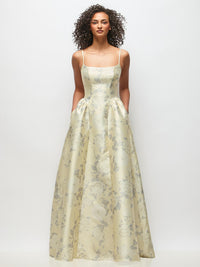 Scoop Neck Drop Basque Skirt Floral Satin Maxi Dress with Pockets