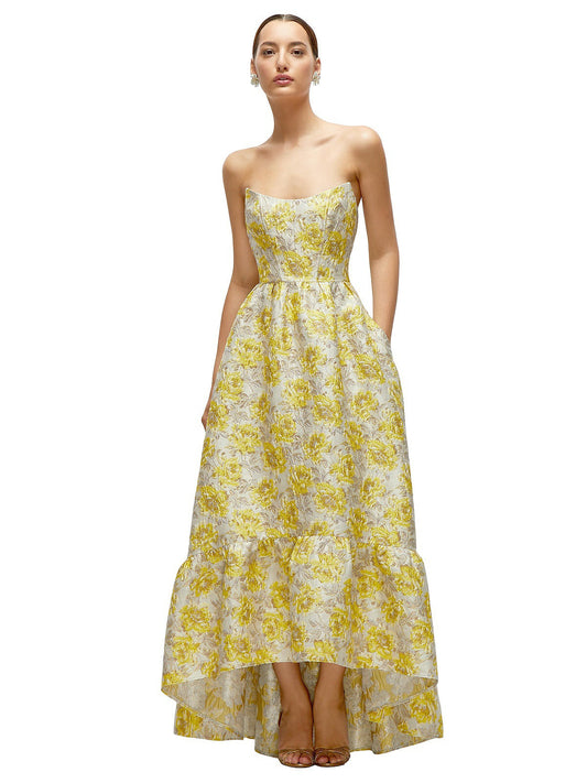 Golden Yellow Strapless Cat-Eye Floral Jacquard Corset High-Low Dress with Ruffle Hem
