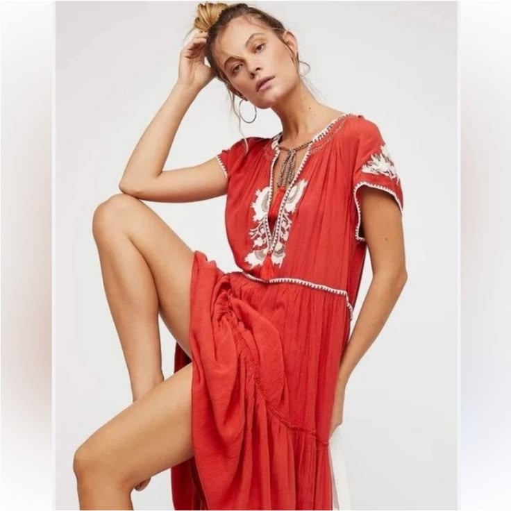 Dress Red Embroidered Maxi Dress Color: Orange Red Size: S