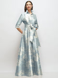 3/4 Sleeve Floral Satin Shirt Dress Gown with Sash and Jeweled Buttons