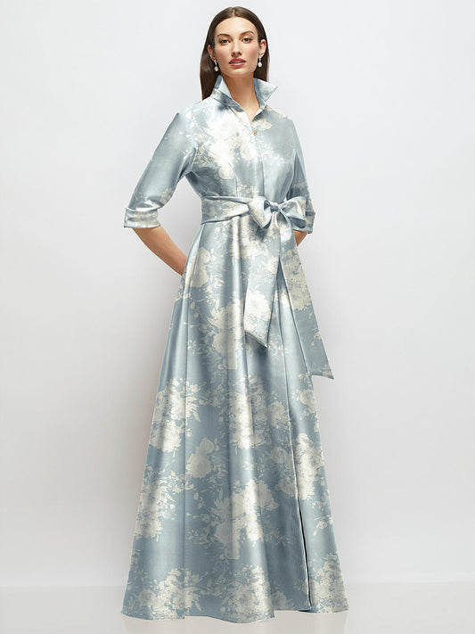 3/4 Sleeve Floral Satin Shirt Dress Gown with Sash and Jeweled Buttons