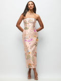 Strapless Cuff Floral Satin Midi Dress with Column Skirt & Back Bow