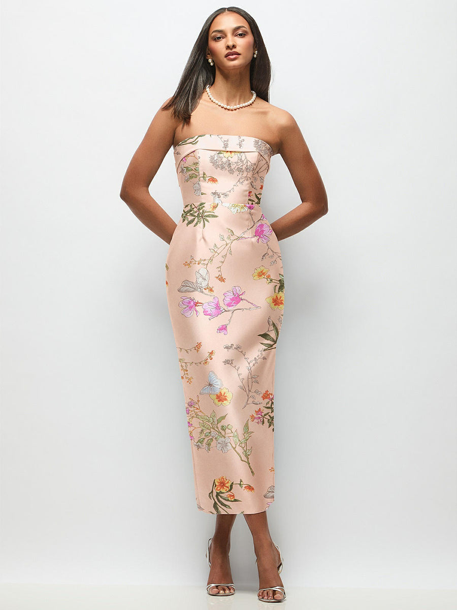 Strapless Cuff Floral Satin Midi Dress with Column Skirt & Back Bow
