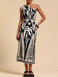 One Shoulder Tropical Print Midi Dress Black