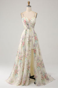 A Line Flower Printed Ivory Prom Dress With Slit