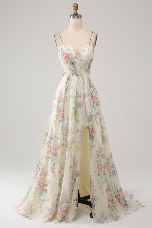 A Line Flower Printed Ivory Prom Dress With Slit