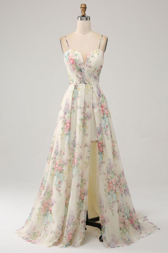 A Line Flower Printed Ivory Prom Dress With Slit