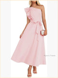One Shoulder Ruffle Maxi Dress Sleeveless Empire Waist Flowy Beach