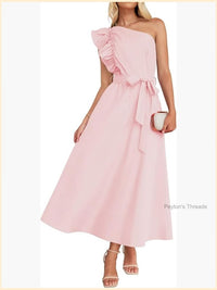 One Shoulder Ruffle Maxi Dress Sleeveless Empire Waist Flowy Beach
