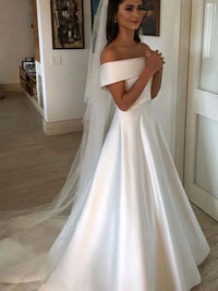 Amazing Off The Shoulder A Line Satin Wedding Dress Covered Button