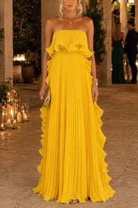 Margovil Strapless Tube Ruffle Hem Pleated Maxi Dress