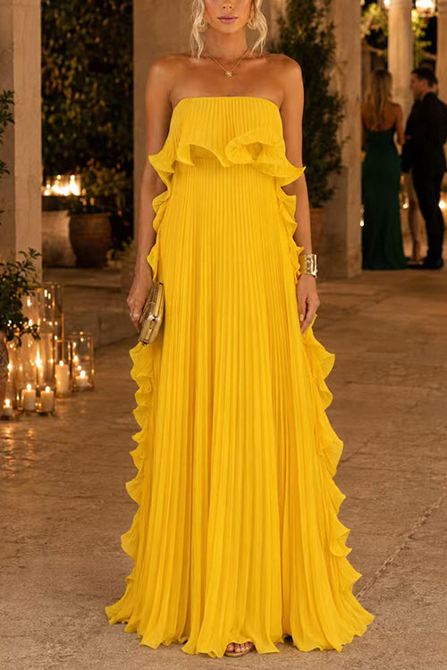 Margovil Strapless Tube Ruffle Hem Pleated Maxi Dress