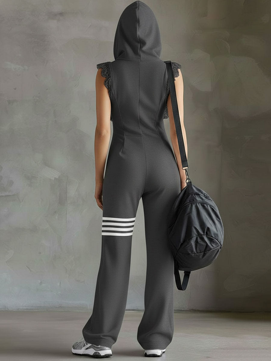 Danielle - Retro Sports Jumpsuit with Hood and Stripes