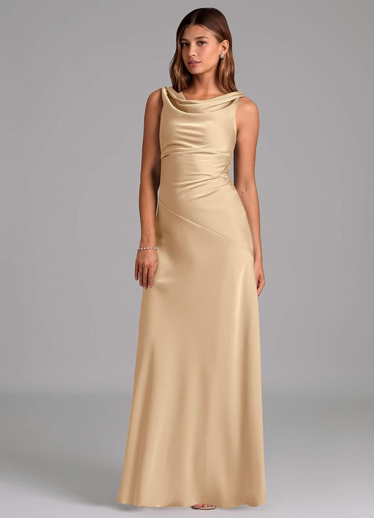 Azazie A-Line Cowl Neck Floor-Length Stretch Satin Bridesmaid Dresses - champagne