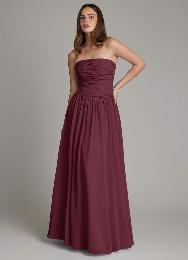 A Line Straight Floor Length Chiffon Bridesmaid Dress Cabernet