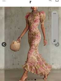 Ladies Pink Floral Maxi Dress Elegant High Neck Color: Green Pink