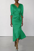 Fall Wedding Guest Dress Satin V Neck Half Sleeve Midi Dress