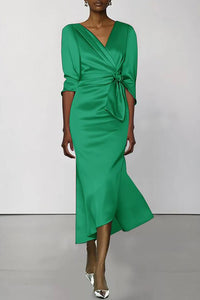 Fall Wedding Guest Dress Satin V Neck Half Sleeve Midi Dress