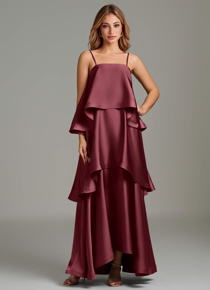 A Line Straight Asymmetrical Stretch Satin Bridesmaid Dress Merlot
