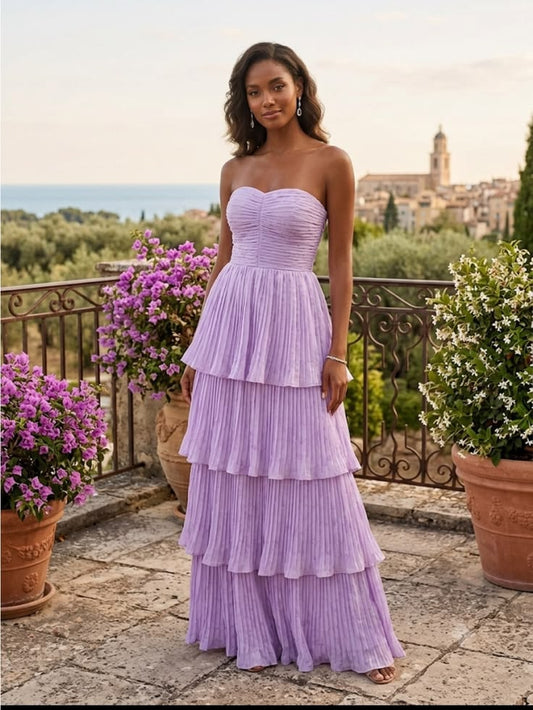 Stunning Lavender Pleated Tiered Strapless Maxi Dress Formal & Elegant