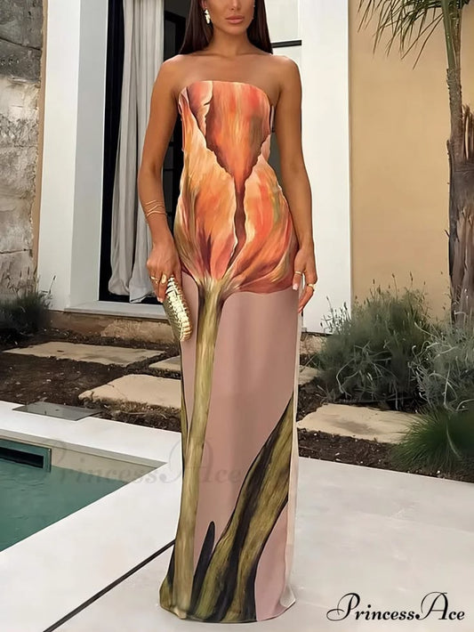 Stylish Graffiti Print Charming Sleeveless Off Shoulder Maxi Dress
