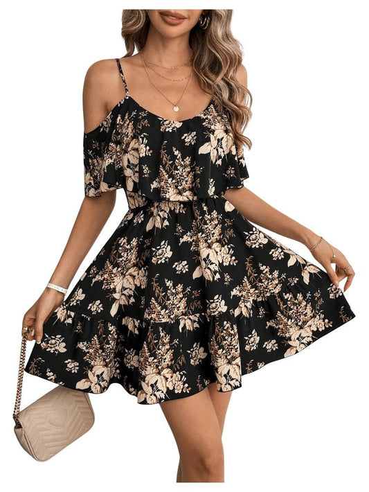 Soly Hux Women's Boho Floral Print Cold Shoulder Dress Short Sleeve