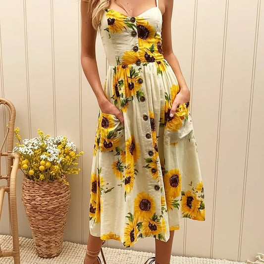 Sunflower Print Summer Dress Color: Green Yellow Size