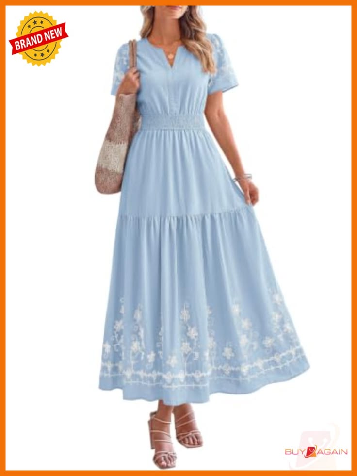 Floral Embroidered Maxi Dress V Neck Short Sleeve A Line Boho Wedding