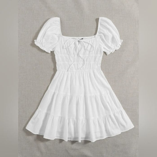 Dress New Tie Neck Ruched Bust Tiered Dress Color: White Size