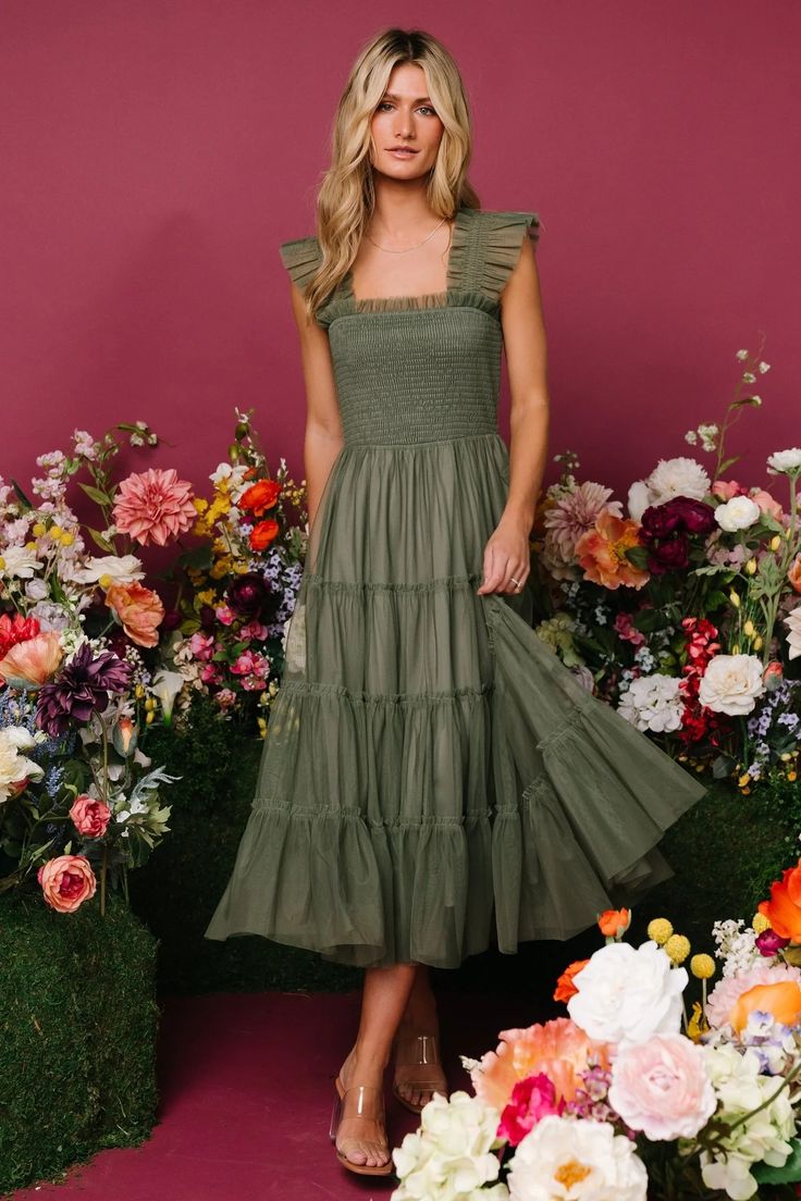 Emma Smocked Tulle Midi Dress Sage