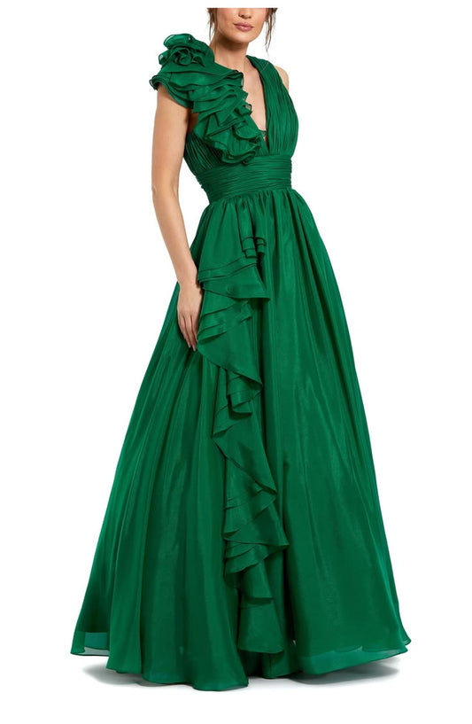 Ruffle Shoulder V Neck Chiffon Gown (Women)