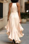 Solid Color Satin V Neck Sleeveless Elegant Ruffle Maxi Dress